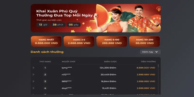 Khai xuân quý quý - Thưởng đua top mỗi ngày cho bet thủ